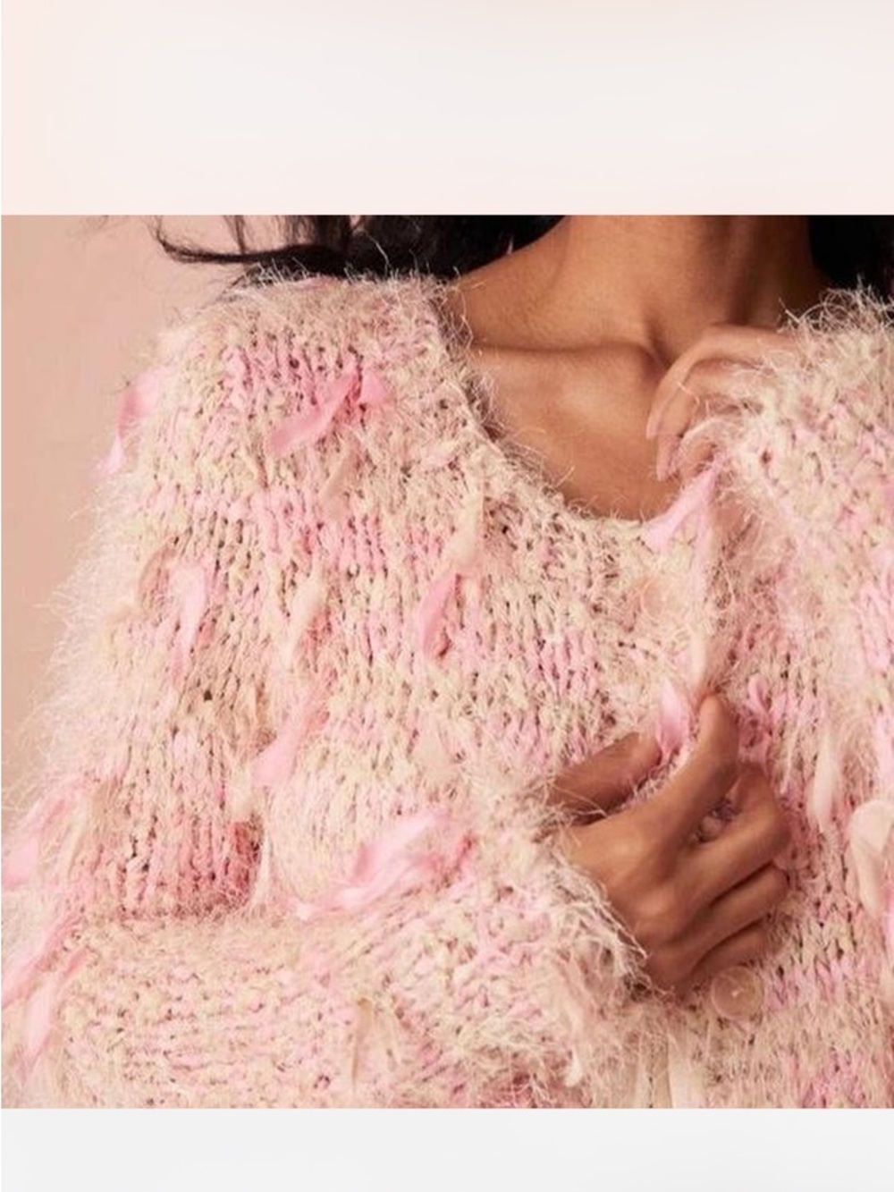 LoveShackFancy Pale Pink Fuzzy Ribbon-Trim Sweater